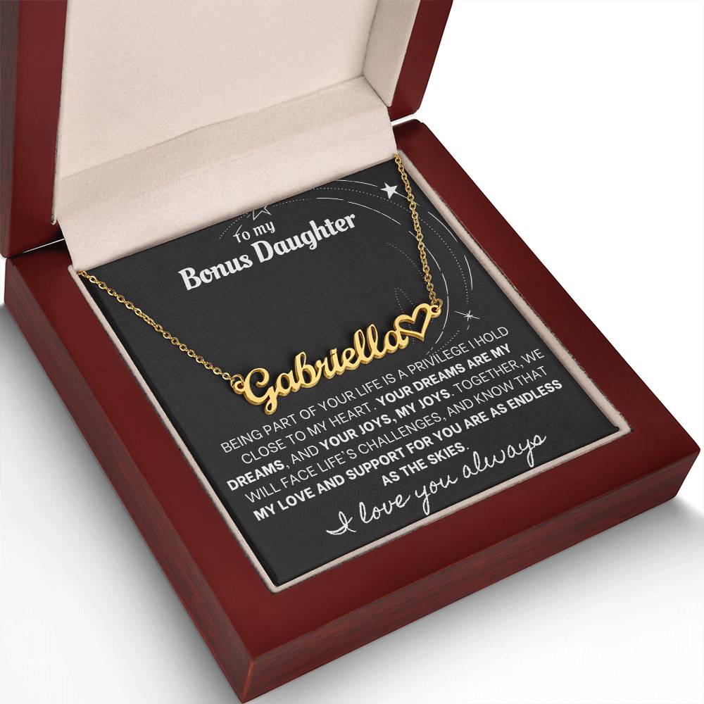 Heartfelt Embrace Custom Name Necklace with Personalized Message Card for Bonus Daughter BLK