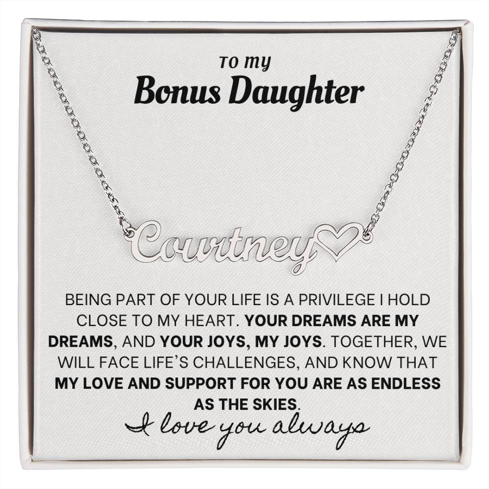 Heartfelt Embrace Custom Name Necklace with Personalized Message Card for Bonus Daughter