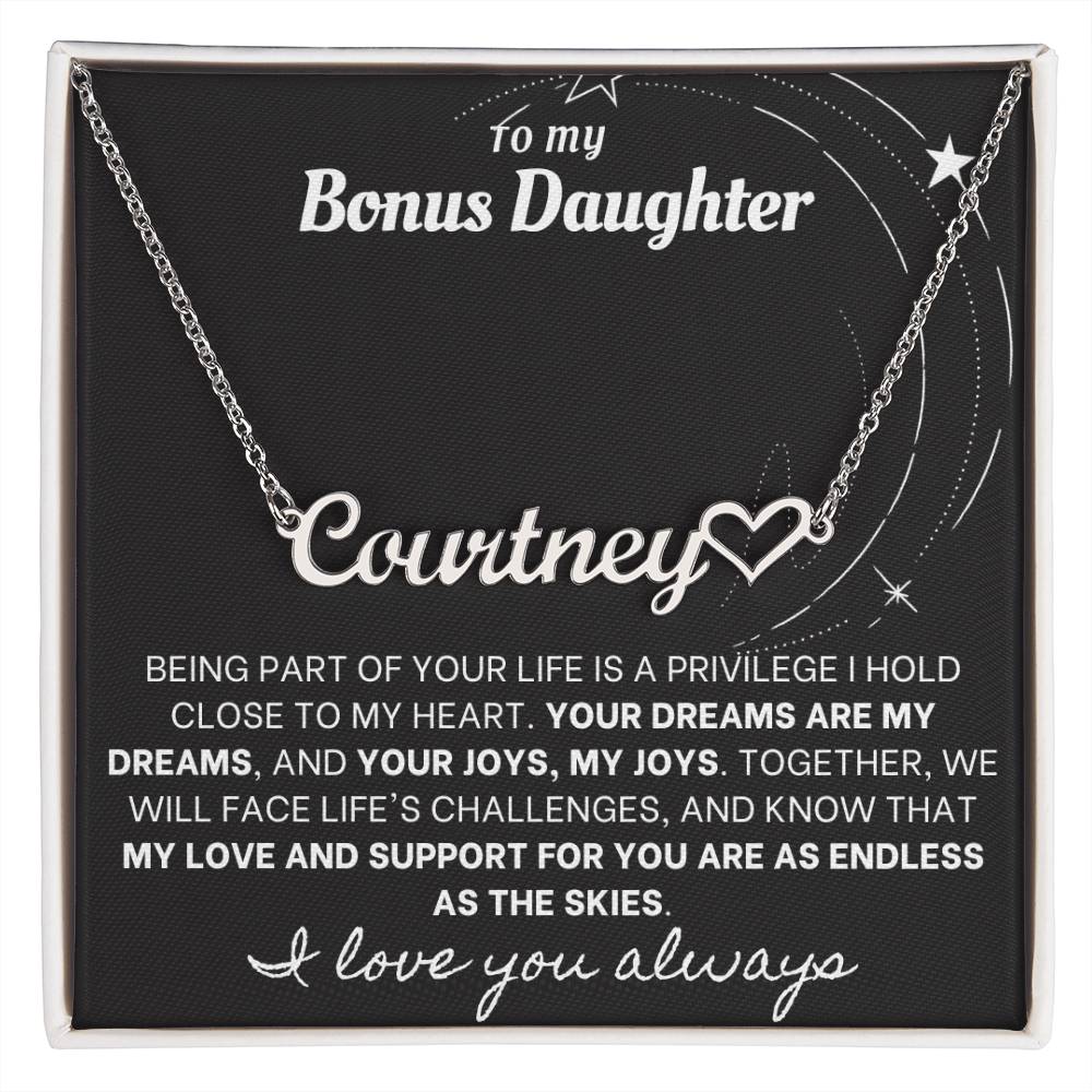 Heartfelt Embrace Custom Name Necklace with Personalized Message Card for Bonus Daughter BLK