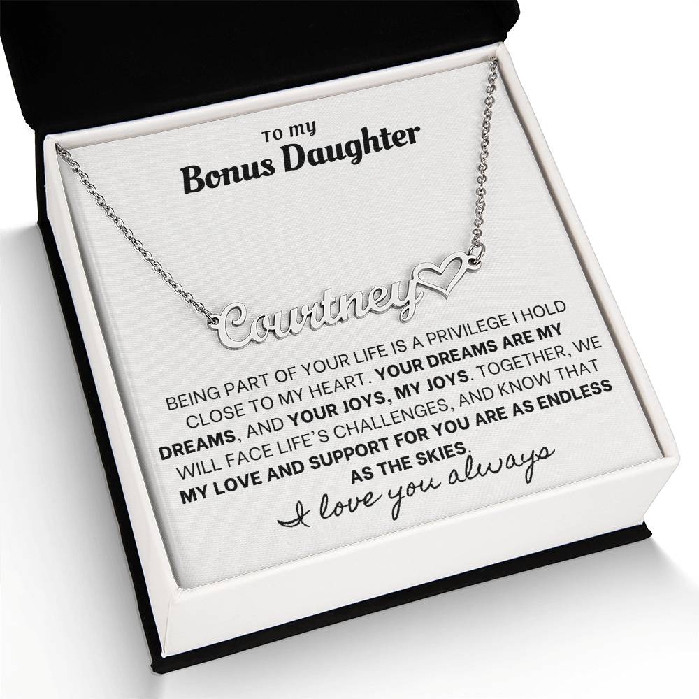Heartfelt Embrace Custom Name Necklace with Personalized Message Card for Bonus Daughter