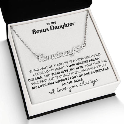 Heartfelt Embrace Custom Name Necklace with Personalized Message Card for Bonus Daughter