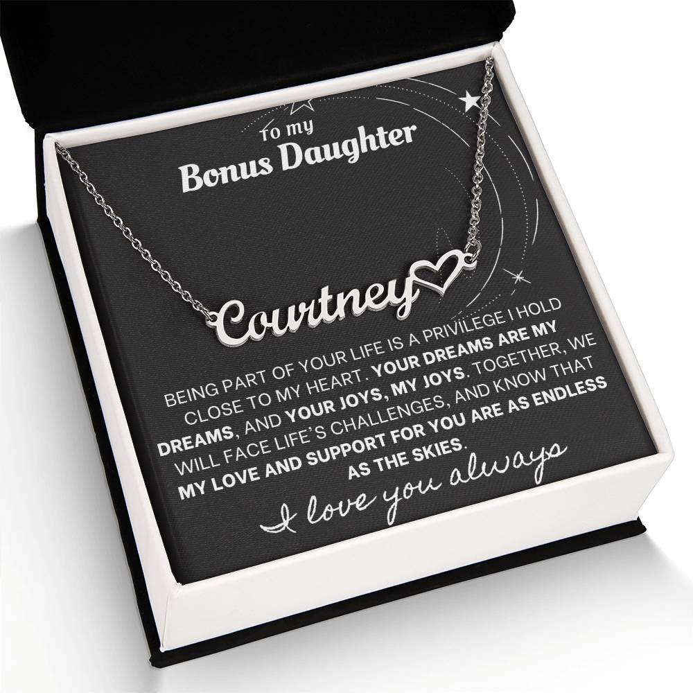 Heartfelt Embrace Custom Name Necklace with Personalized Message Card for Bonus Daughter BLK
