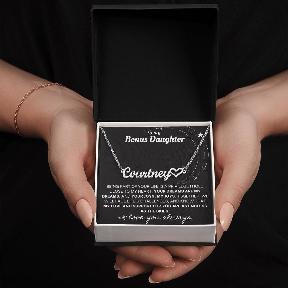 Heartfelt Embrace Custom Name Necklace with Personalized Message Card for Bonus Daughter BLK