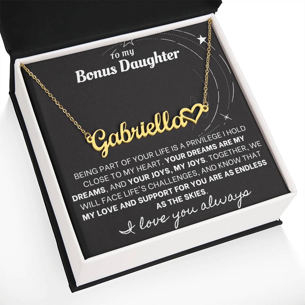 Heartfelt Embrace Custom Name Necklace with Personalized Message Card for Bonus Daughter BLK