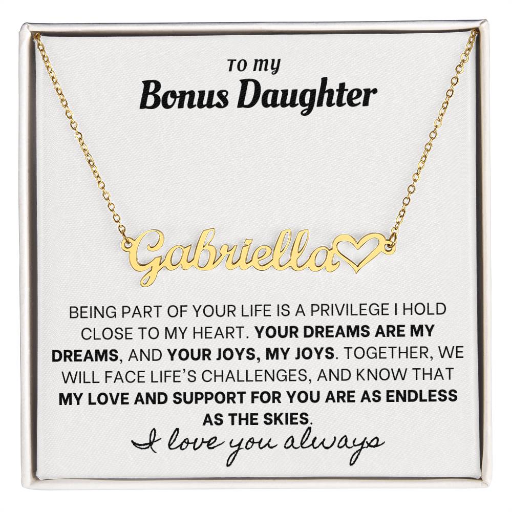 Heartfelt Embrace Custom Name Necklace with Personalized Message Card for Bonus Daughter