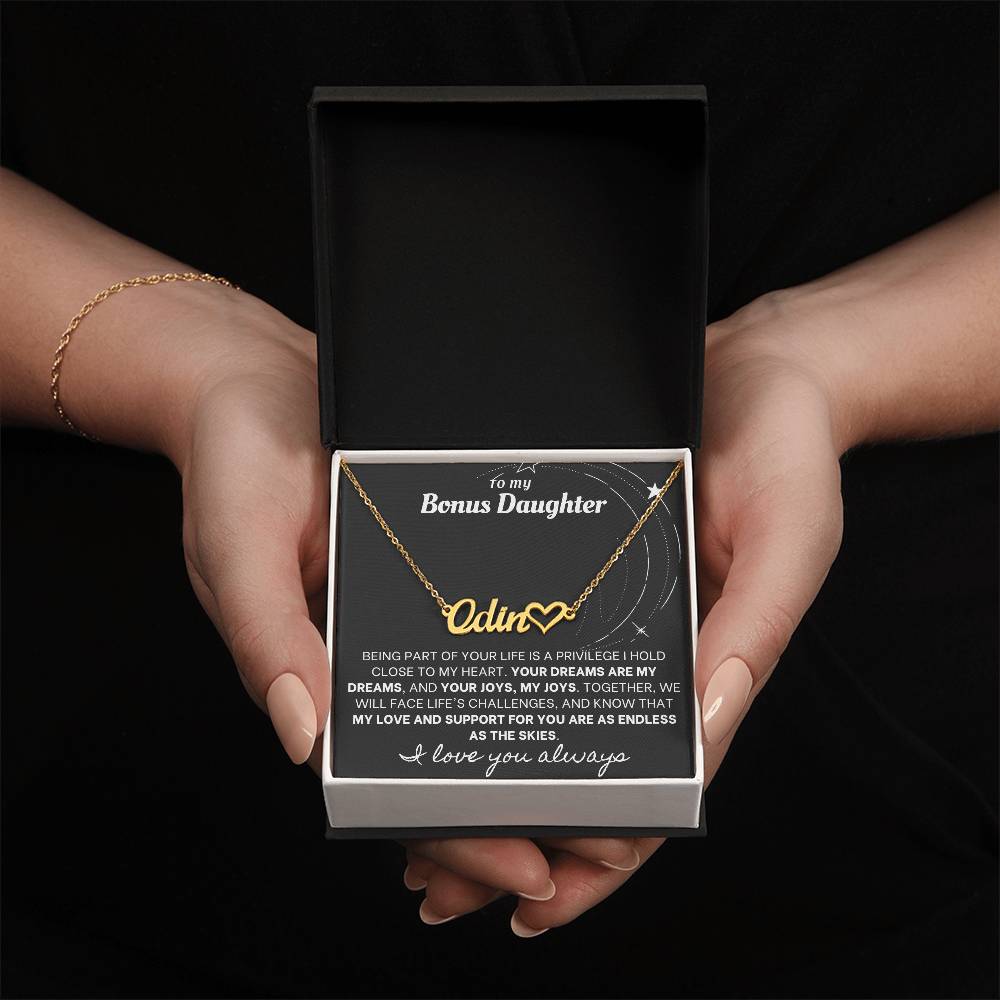 Heartfelt Embrace Custom Name Necklace with Personalized Message Card for Bonus Daughter BLK