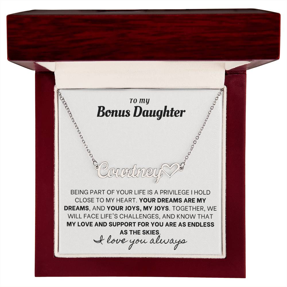Heartfelt Embrace Custom Name Necklace with Personalized Message Card for Bonus Daughter