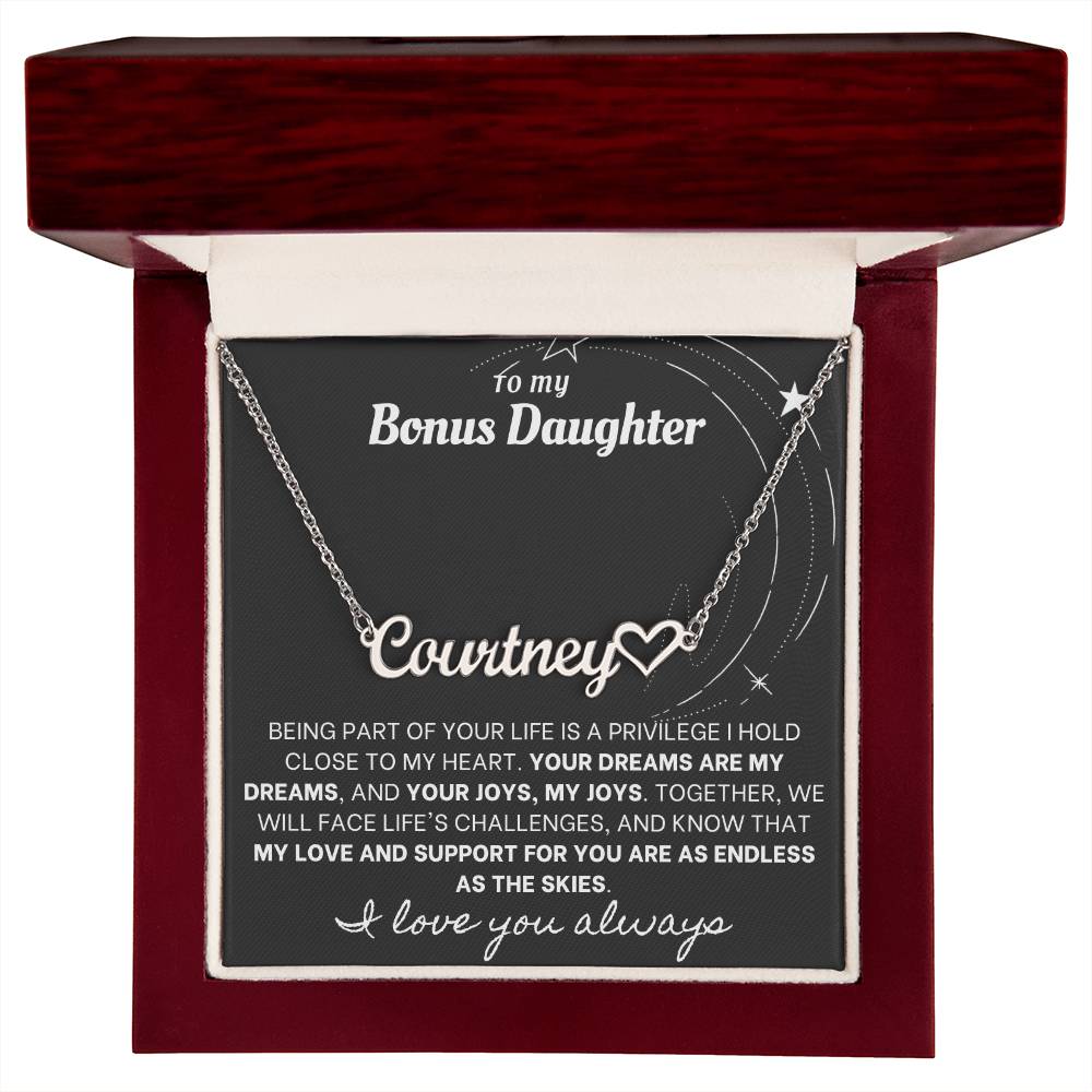 Heartfelt Embrace Custom Name Necklace with Personalized Message Card for Bonus Daughter BLK
