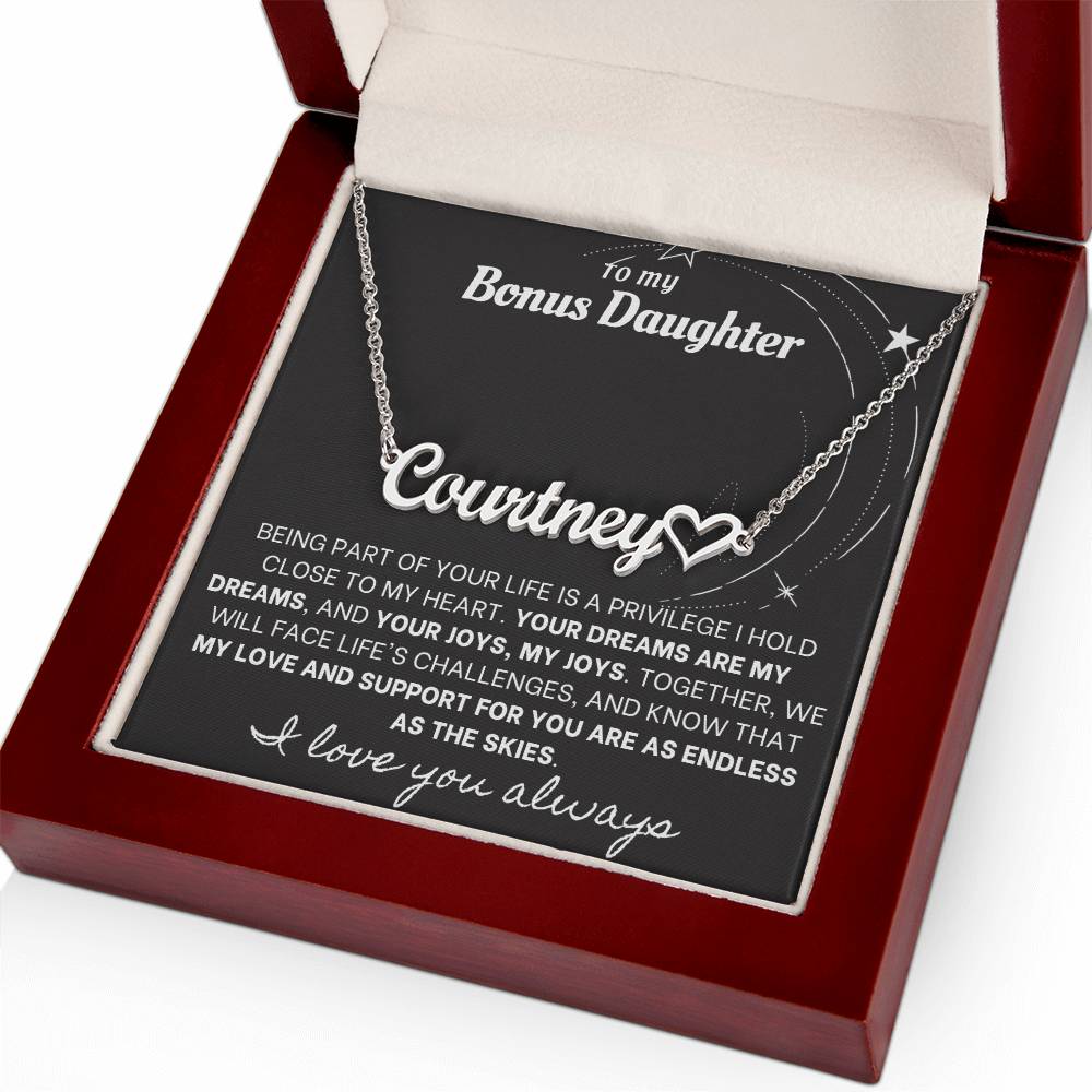 Heartfelt Embrace Custom Name Necklace with Personalized Message Card for Bonus Daughter BLK