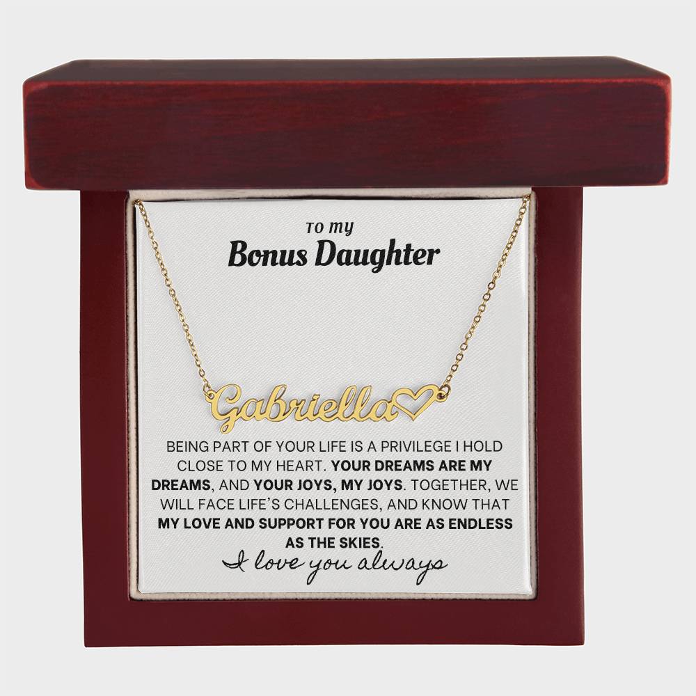 Heartfelt Embrace Custom Name Necklace with Personalized Message Card for Bonus Daughter